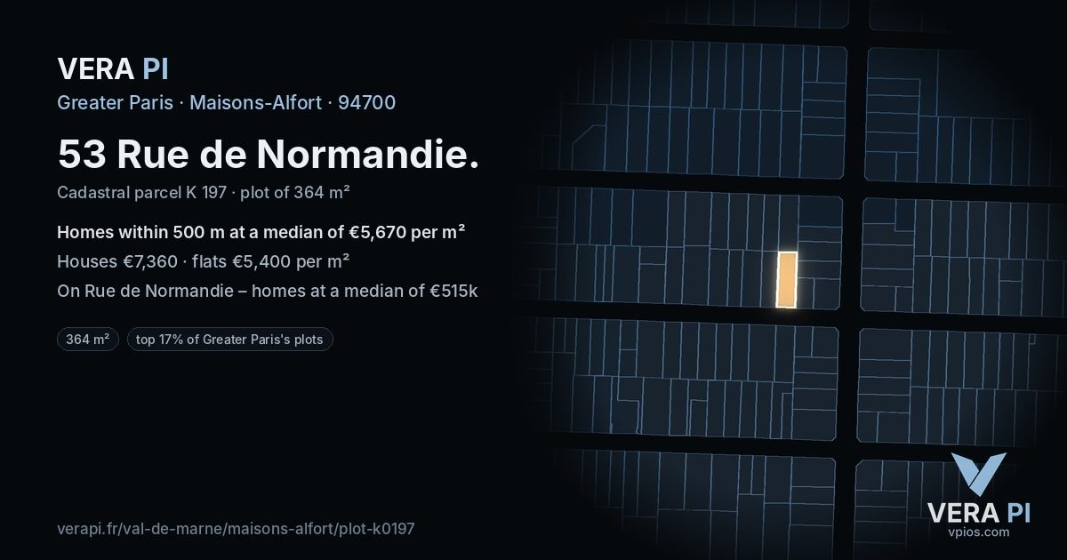 53 Rue de Normandie, Maisons-Alfort at night – the plot lit, the parcels around coloured by the prices near them