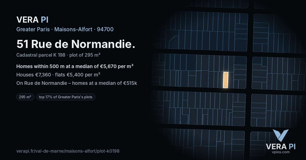 51 Rue de Normandie, Maisons-Alfort at night – the plot lit, the parcels around coloured by the prices near them