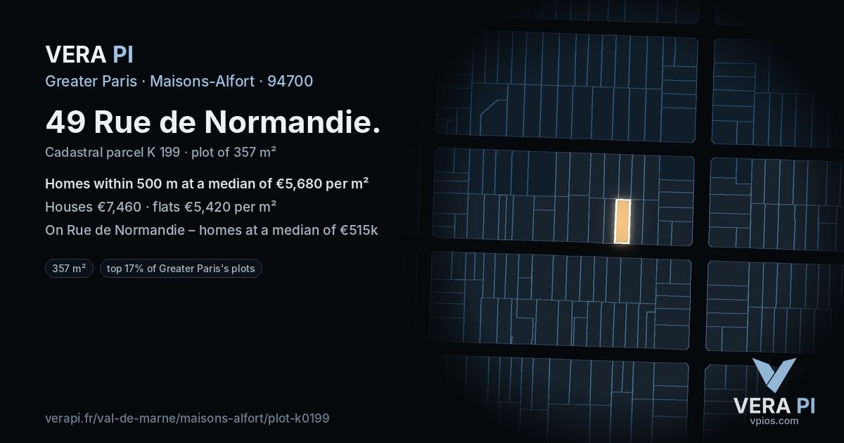 49 Rue de Normandie, Maisons-Alfort at night – the plot lit, the parcels around coloured by the prices near them