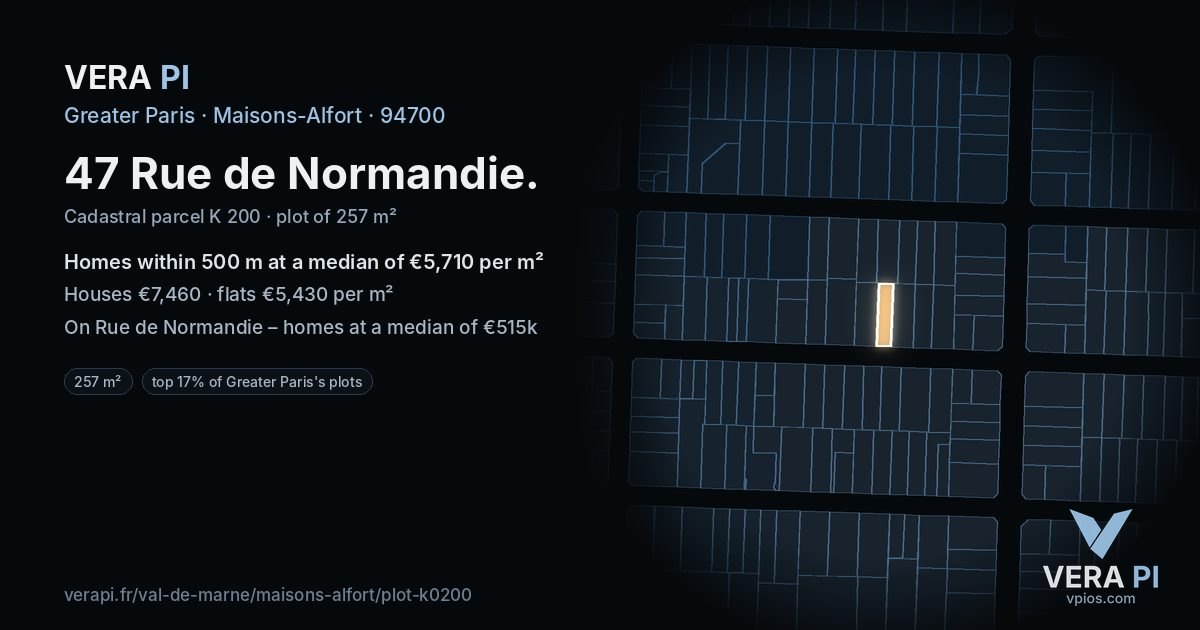 47 Rue de Normandie, Maisons-Alfort at night – the plot lit, the parcels around coloured by the prices near them