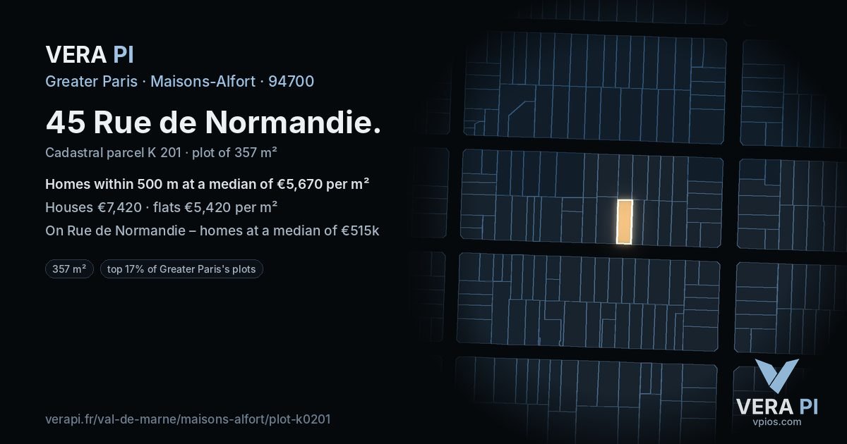45 Rue de Normandie, Maisons-Alfort at night – the plot lit, the parcels around coloured by the prices near them