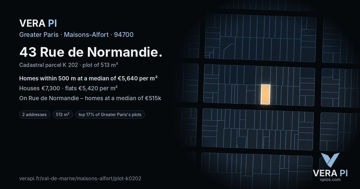 43 Rue de Normandie, Maisons-Alfort at night – the plot lit, the parcels around coloured by the prices near them