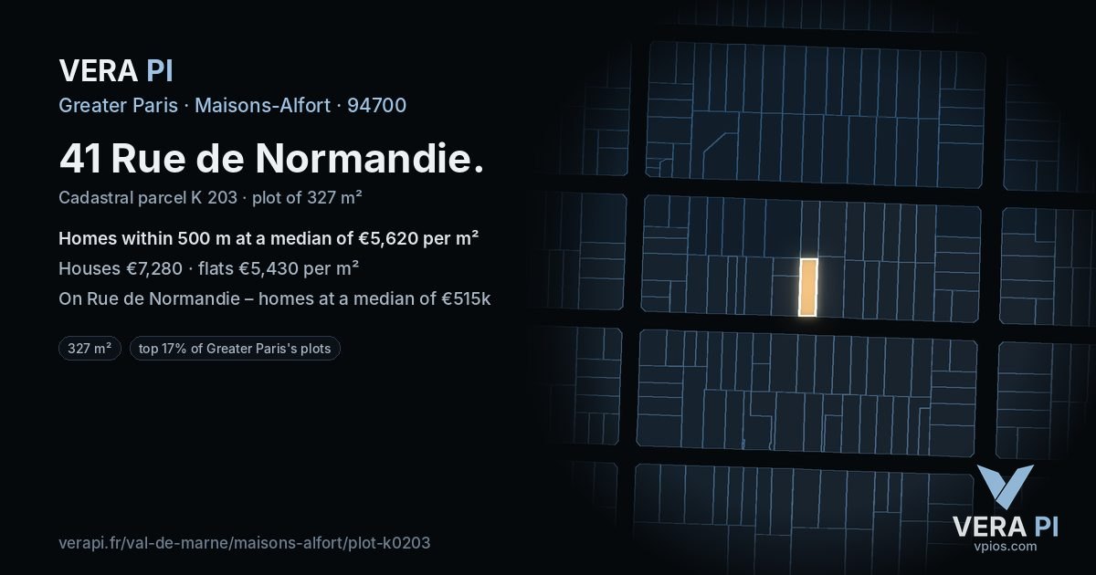 41 Rue de Normandie, Maisons-Alfort at night – the plot lit, the parcels around coloured by the prices near them