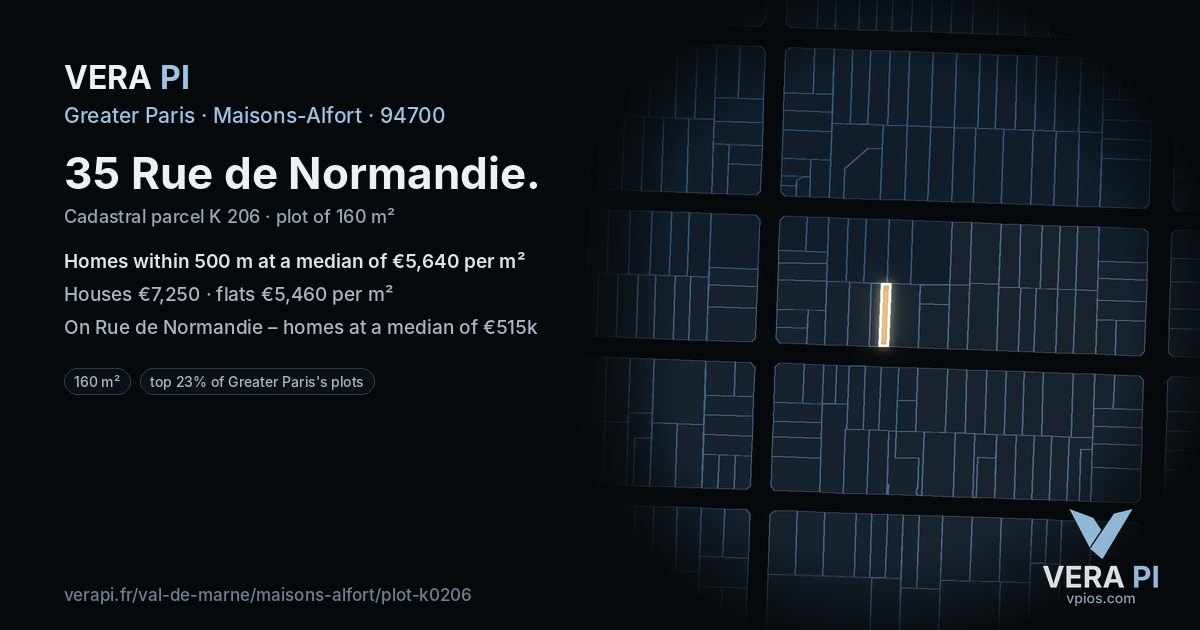 35 Rue de Normandie, Maisons-Alfort at night – the plot lit, the parcels around coloured by the prices near them