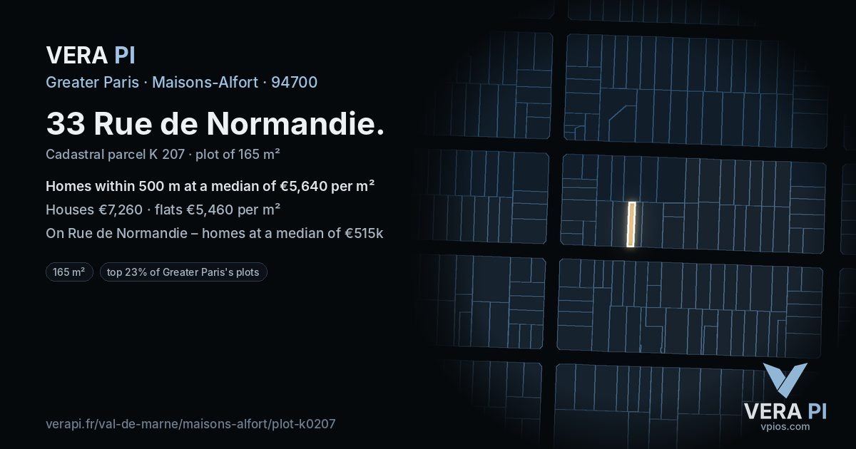 33 Rue de Normandie, Maisons-Alfort at night – the plot lit, the parcels around coloured by the prices near them