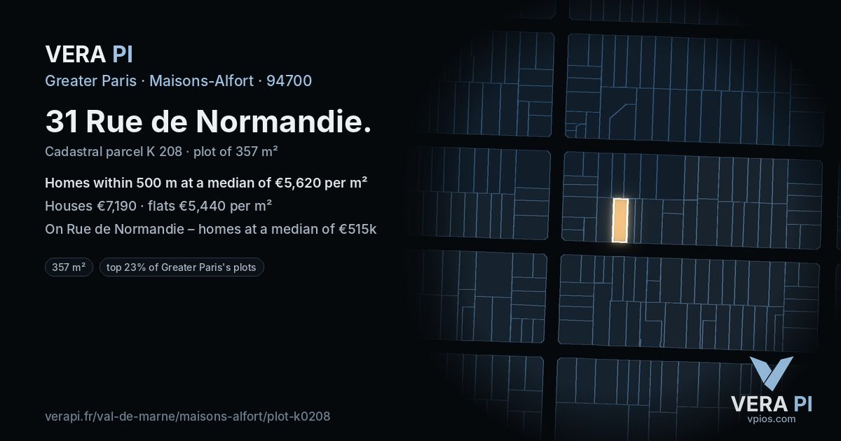 31 Rue de Normandie, Maisons-Alfort at night – the plot lit, the parcels around coloured by the prices near them