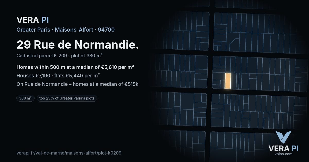 29 Rue de Normandie, Maisons-Alfort at night – the plot lit, the parcels around coloured by the prices near them