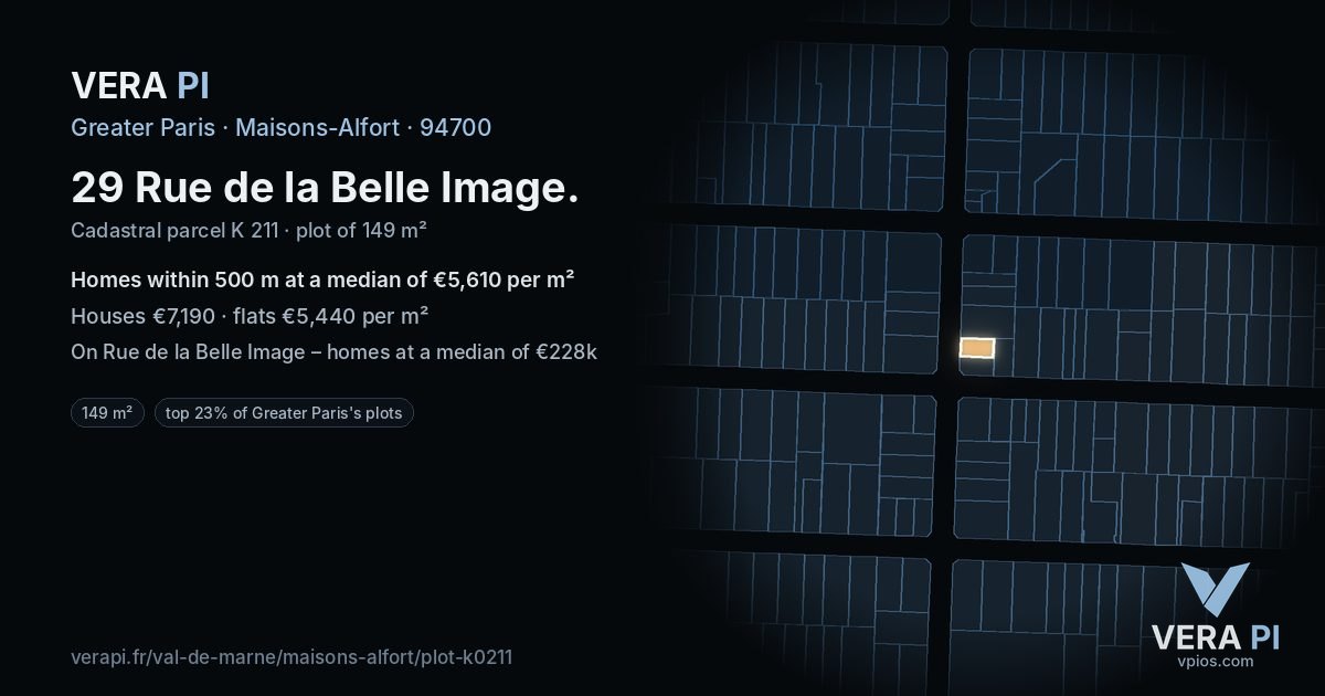 29 Rue de la Belle Image, Maisons-Alfort at night – the plot lit, the parcels around coloured by the prices near them