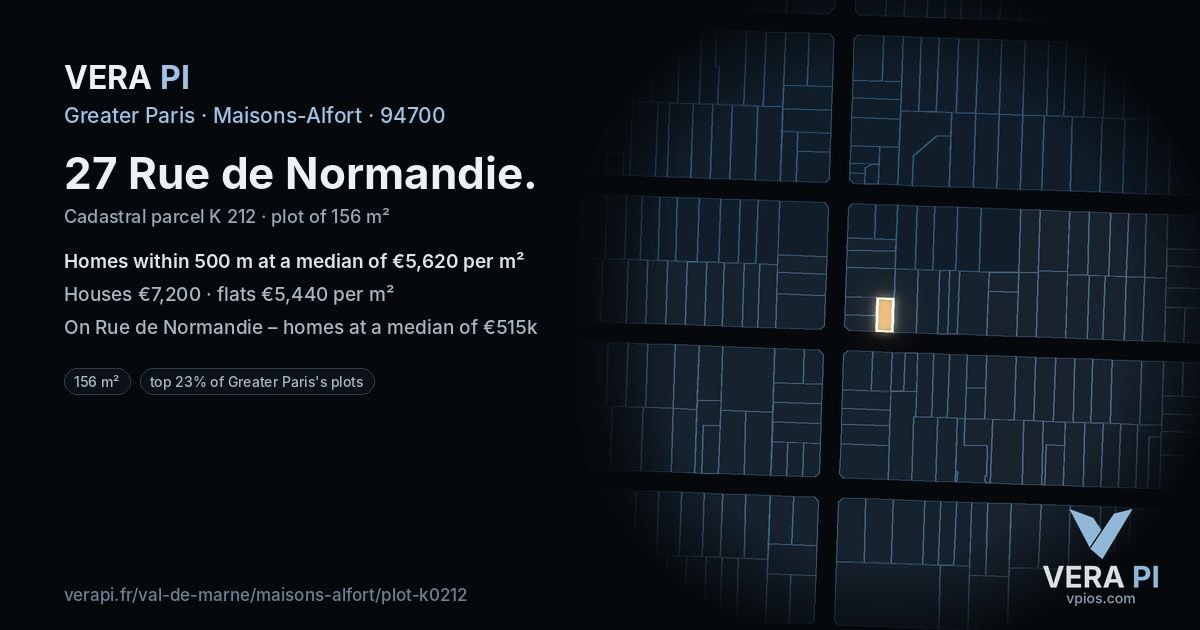 27 Rue de Normandie, Maisons-Alfort at night – the plot lit, the parcels around coloured by the prices near them