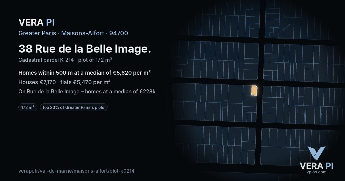38 Rue de la Belle Image, Maisons-Alfort at night – the plot lit, the parcels around coloured by the prices near them
