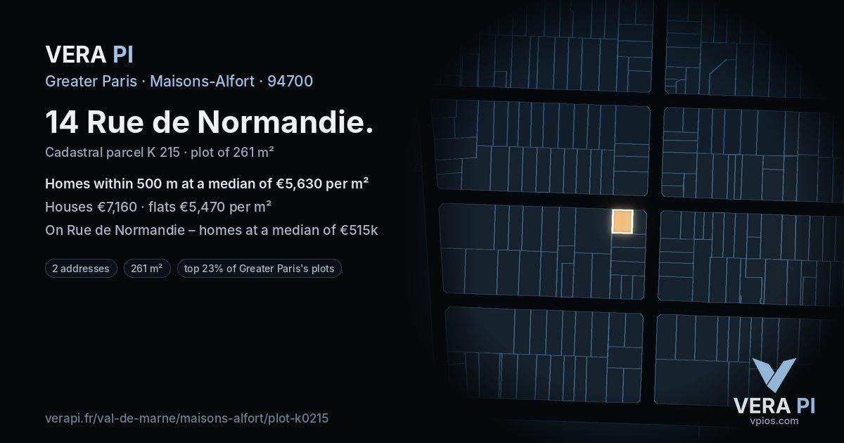 14 Rue de Normandie, Maisons-Alfort at night – the plot lit, the parcels around coloured by the prices near them