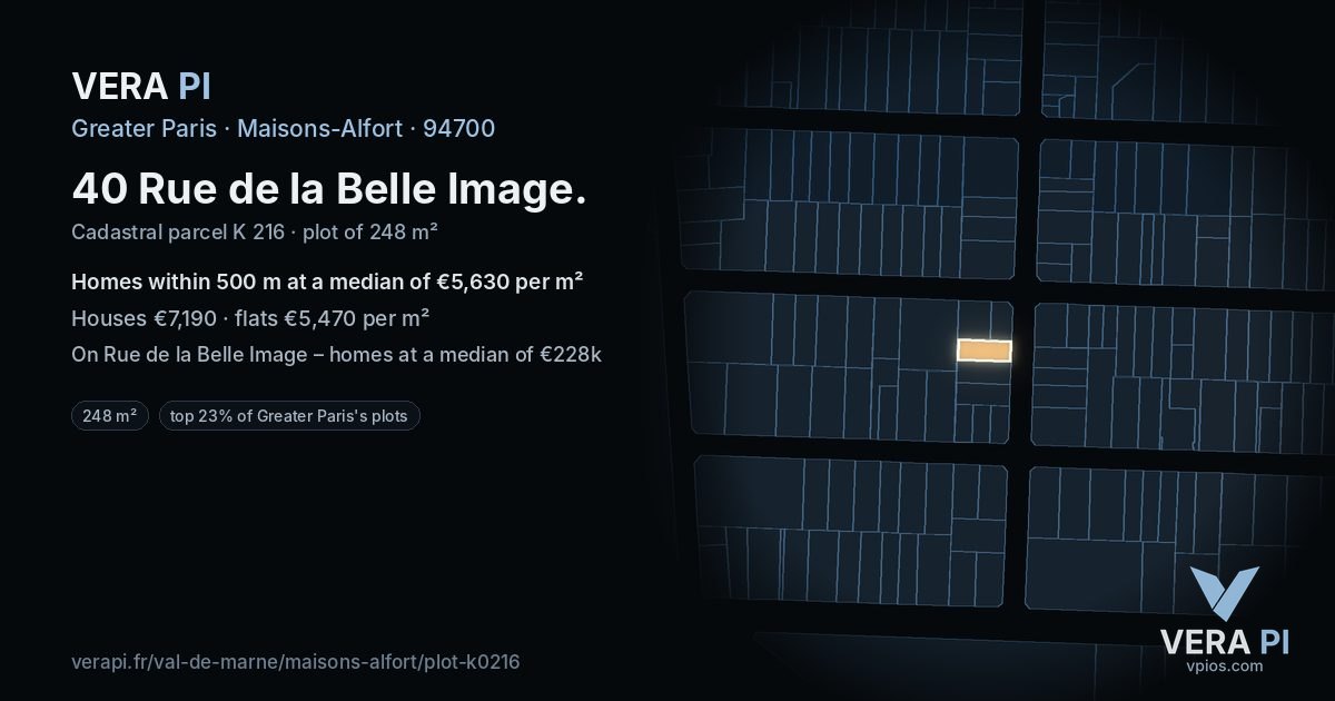 40 Rue de la Belle Image, Maisons-Alfort at night – the plot lit, the parcels around coloured by the prices near them