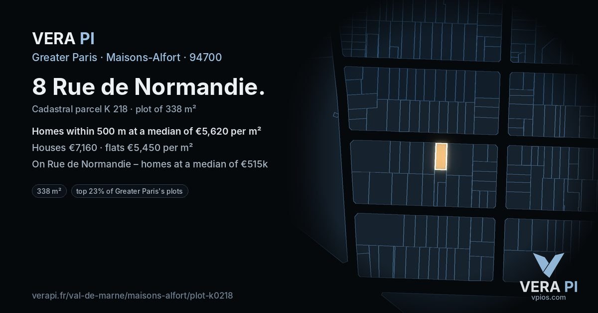 8 Rue de Normandie, Maisons-Alfort at night – the plot lit, the parcels around coloured by the prices near them