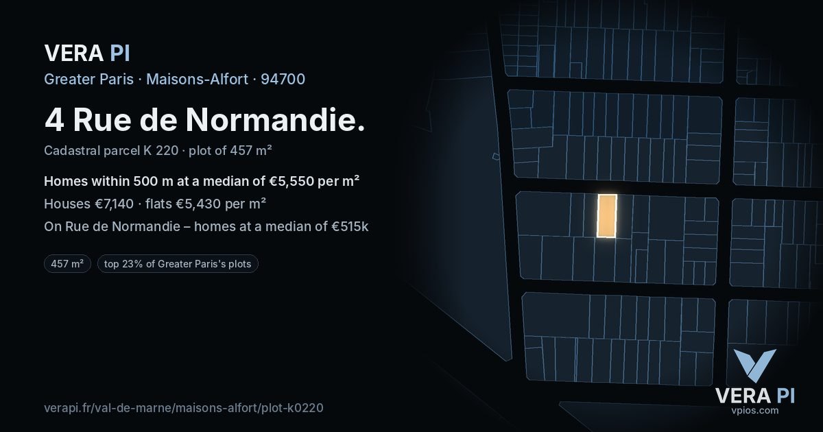 4 Rue de Normandie, Maisons-Alfort at night – the plot lit, the parcels around coloured by the prices near them