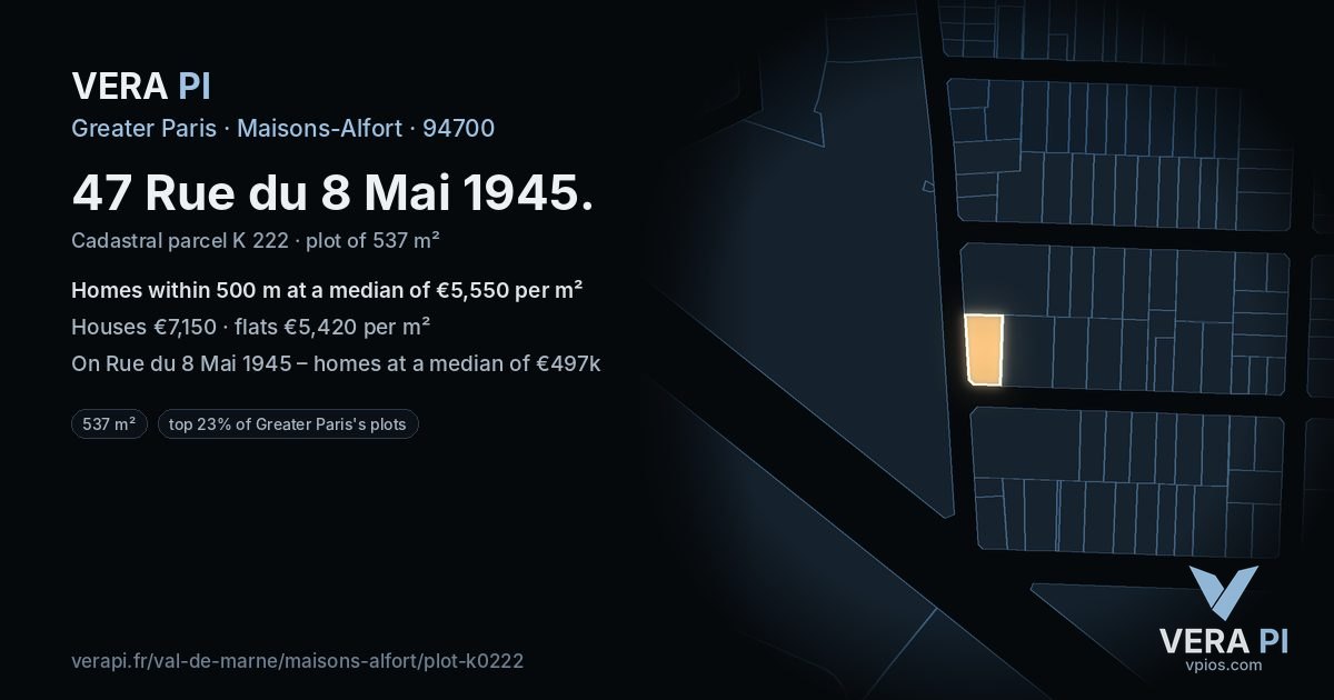 47 Rue du 8 Mai 1945, Maisons-Alfort at night – the plot lit, the parcels around coloured by the prices near them