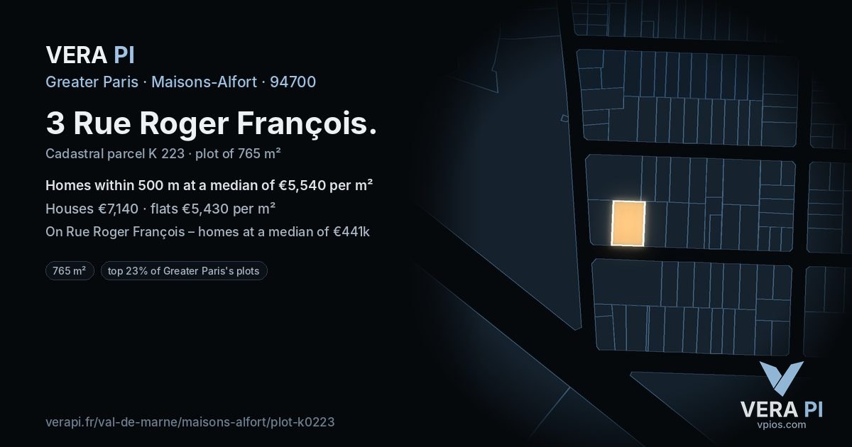 3 Rue Roger François, Maisons-Alfort at night – the plot lit, the parcels around coloured by the prices near them
