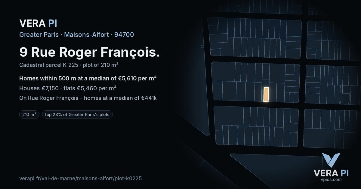 9 Rue Roger François, Maisons-Alfort at night – the plot lit, the parcels around coloured by the prices near them
