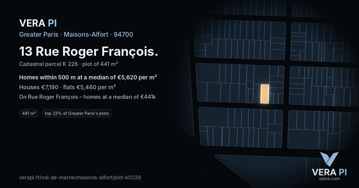 13 Rue Roger François, Maisons-Alfort at night – the plot lit, the parcels around coloured by the prices near them