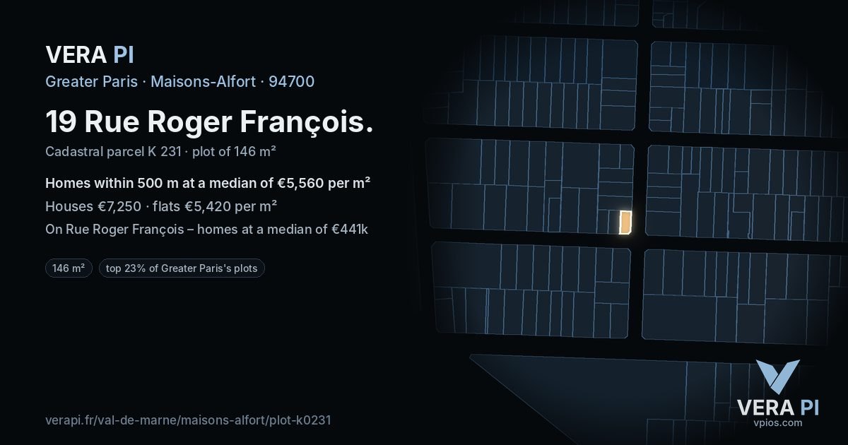 19 Rue Roger François, Maisons-Alfort at night – the plot lit, the parcels around coloured by the prices near them
