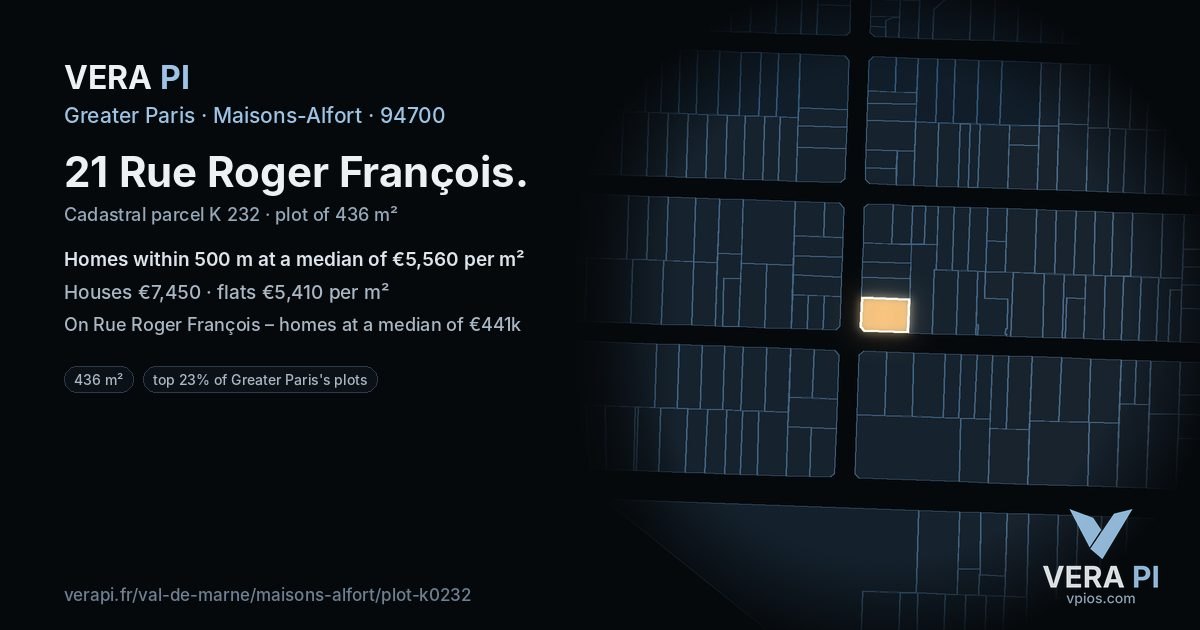 21 Rue Roger François, Maisons-Alfort at night – the plot lit, the parcels around coloured by the prices near them