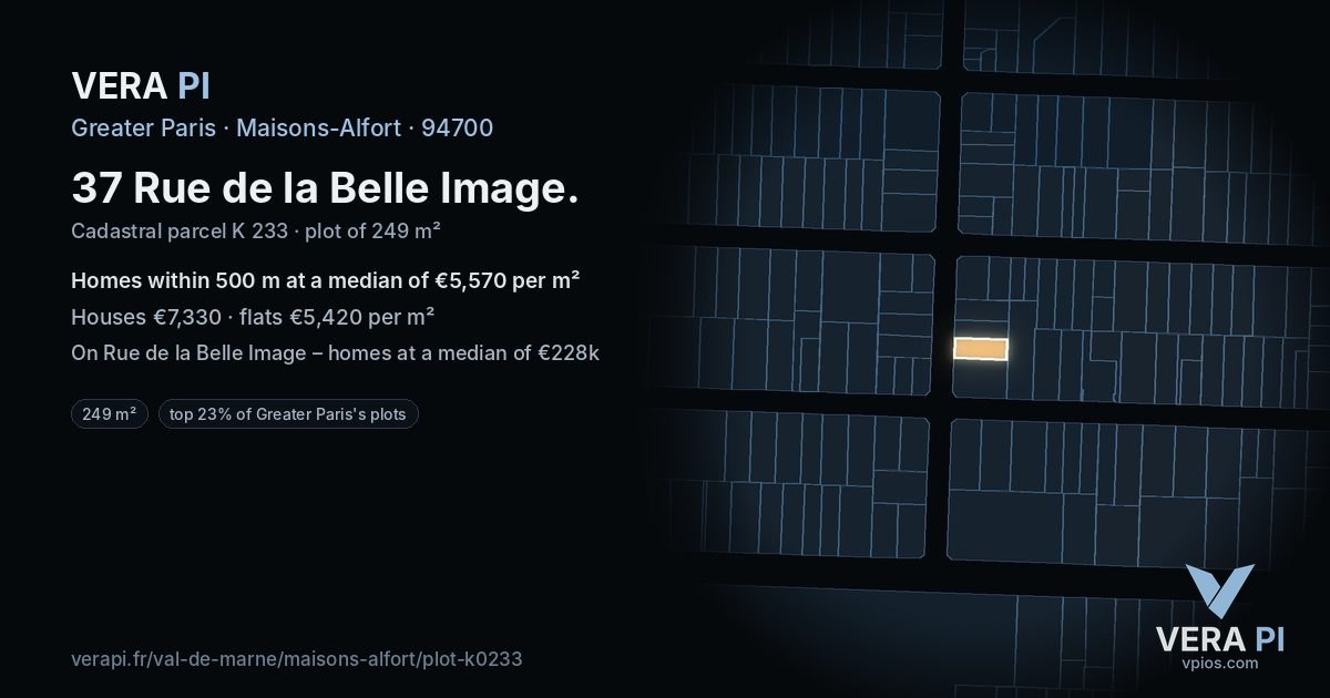 37 Rue de la Belle Image, Maisons-Alfort at night – the plot lit, the parcels around coloured by the prices near them