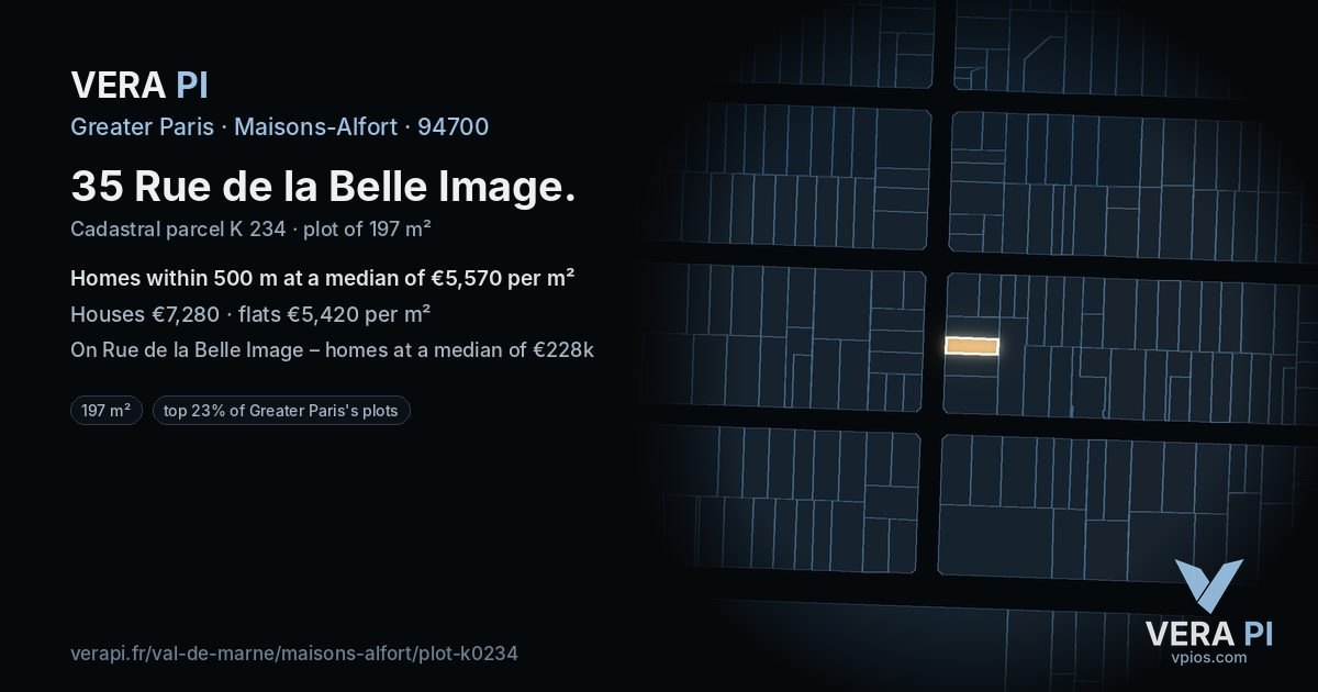 35 Rue de la Belle Image, Maisons-Alfort at night – the plot lit, the parcels around coloured by the prices near them