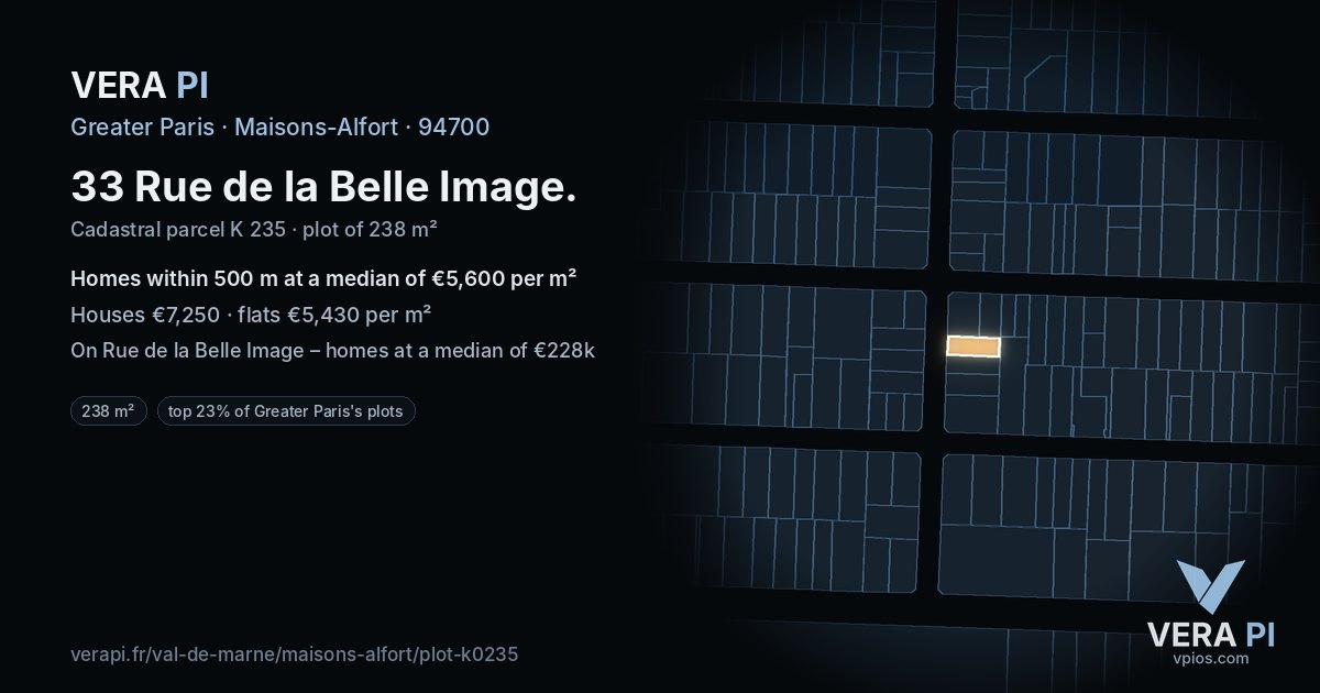 33 Rue de la Belle Image, Maisons-Alfort at night – the plot lit, the parcels around coloured by the prices near them