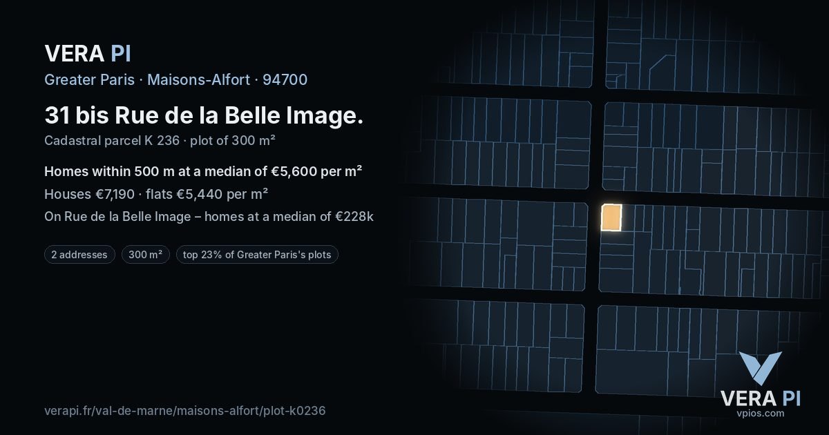 31 bis Rue de la Belle Image, Maisons-Alfort at night – the plot lit, the parcels around coloured by the prices near them