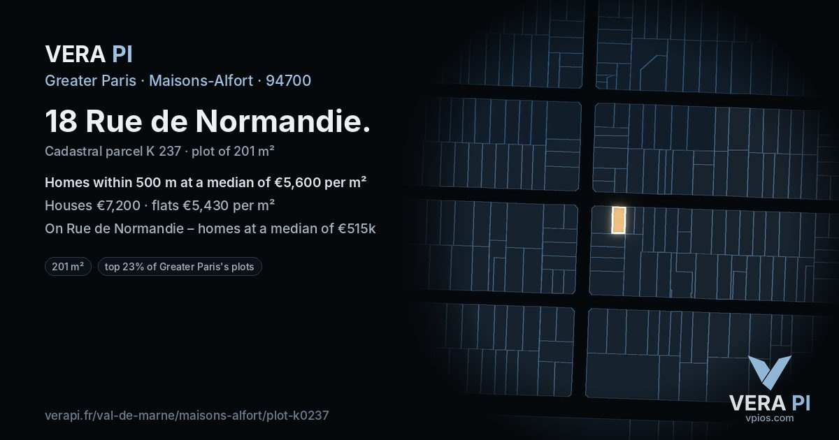 18 Rue de Normandie, Maisons-Alfort at night – the plot lit, the parcels around coloured by the prices near them