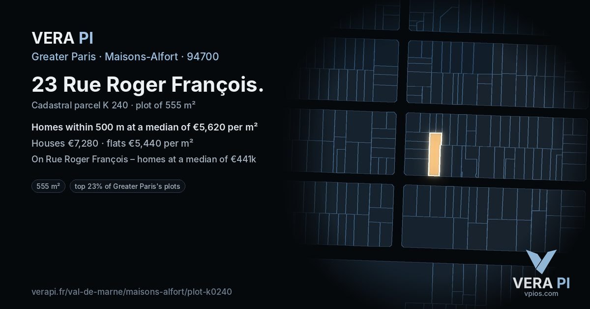 23 Rue Roger François, Maisons-Alfort at night – the plot lit, the parcels around coloured by the prices near them