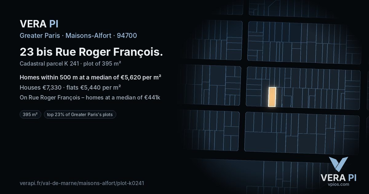 23 bis Rue Roger François, Maisons-Alfort at night – the plot lit, the parcels around coloured by the prices near them