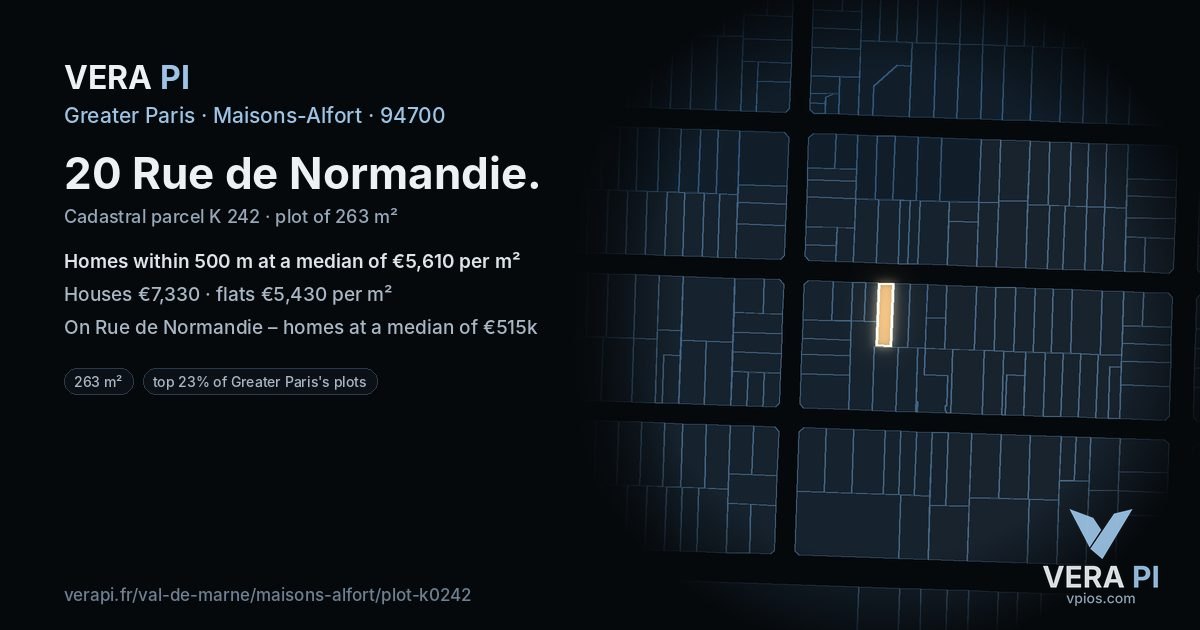 20 Rue de Normandie, Maisons-Alfort at night – the plot lit, the parcels around coloured by the prices near them