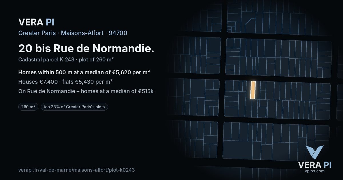 20 bis Rue de Normandie, Maisons-Alfort at night – the plot lit, the parcels around coloured by the prices near them