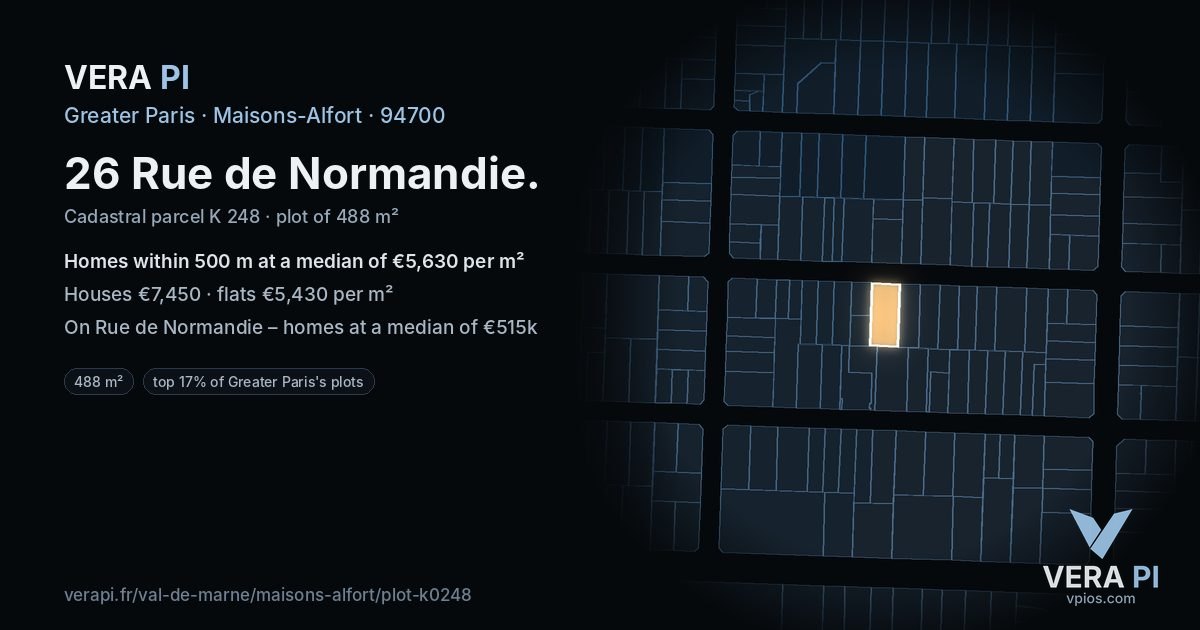 26 Rue de Normandie, Maisons-Alfort at night – the plot lit, the parcels around coloured by the prices near them