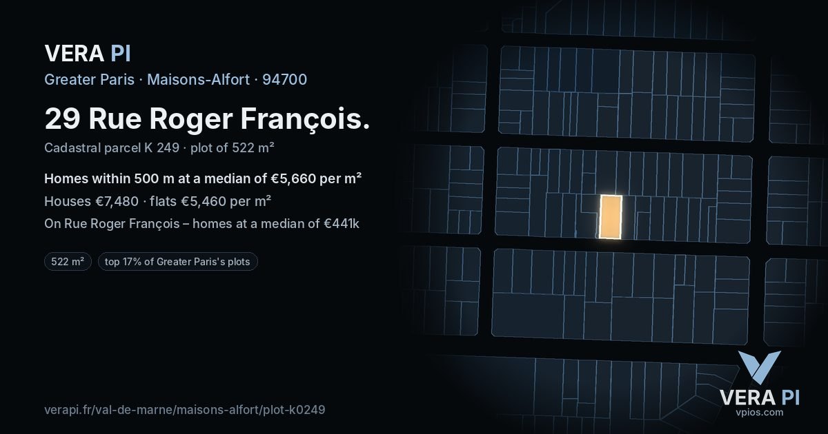 29 Rue Roger François, Maisons-Alfort at night – the plot lit, the parcels around coloured by the prices near them