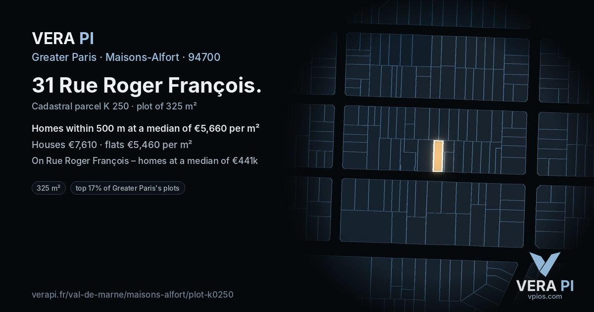 31 Rue Roger François, Maisons-Alfort at night – the plot lit, the parcels around coloured by the prices near them