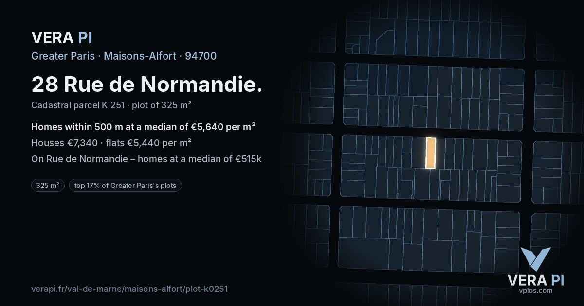 28 Rue de Normandie, Maisons-Alfort at night – the plot lit, the parcels around coloured by the prices near them