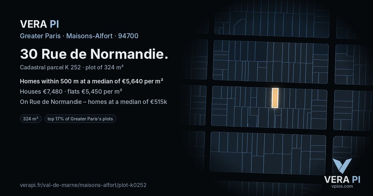 30 Rue de Normandie, Maisons-Alfort at night – the plot lit, the parcels around coloured by the prices near them