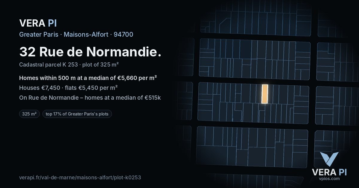 32 Rue de Normandie, Maisons-Alfort at night – the plot lit, the parcels around coloured by the prices near them