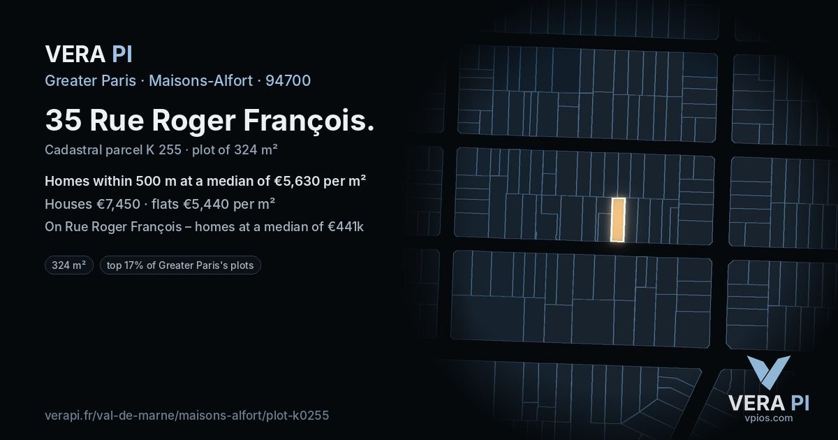 35 Rue Roger François, Maisons-Alfort at night – the plot lit, the parcels around coloured by the prices near them