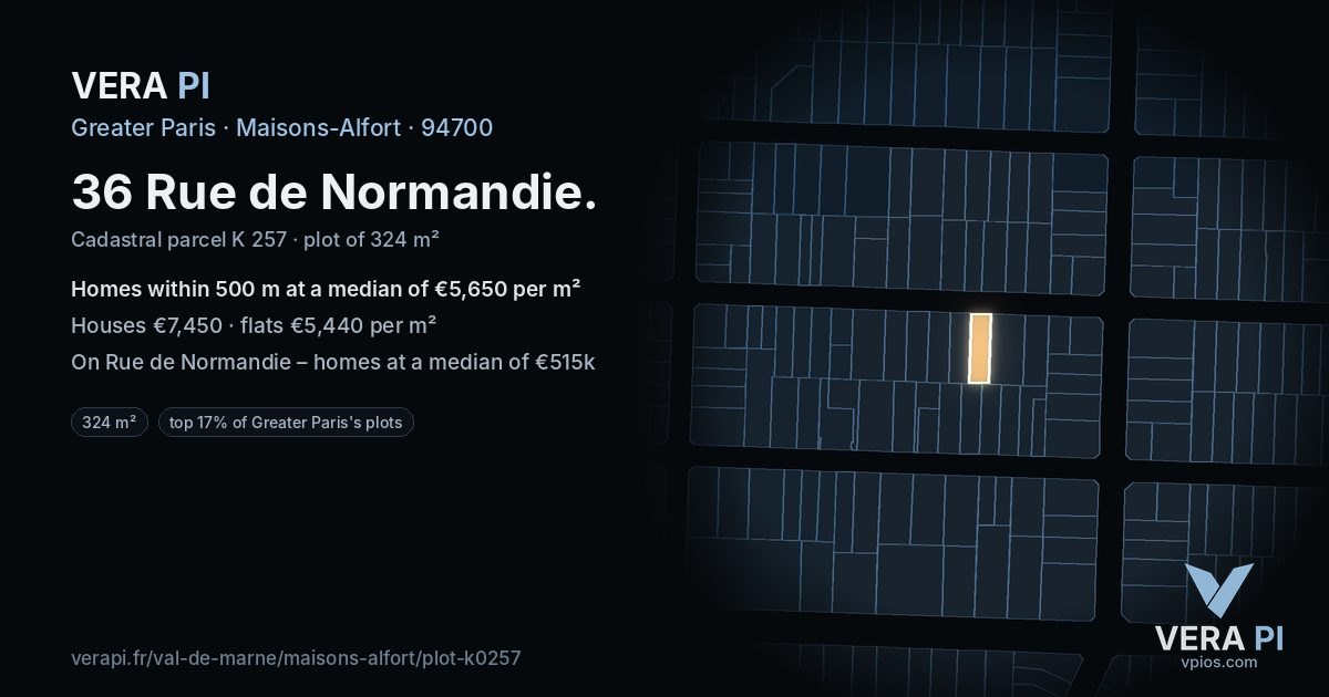 36 Rue de Normandie, Maisons-Alfort at night – the plot lit, the parcels around coloured by the prices near them