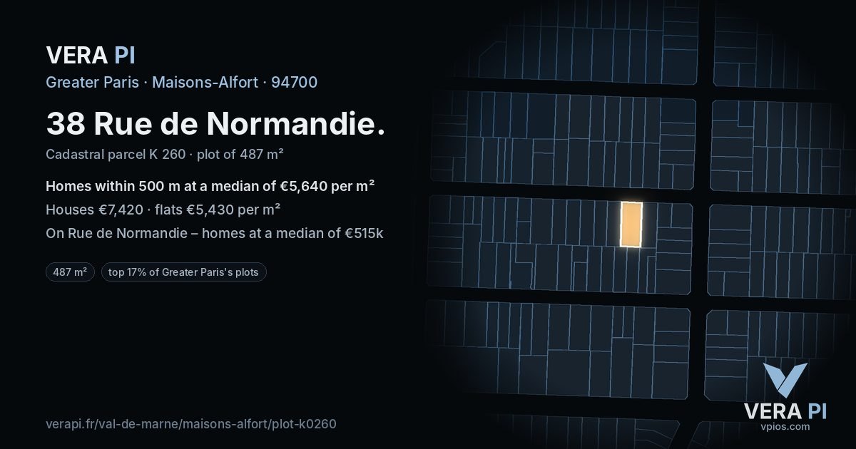 38 Rue de Normandie, Maisons-Alfort at night – the plot lit, the parcels around coloured by the prices near them