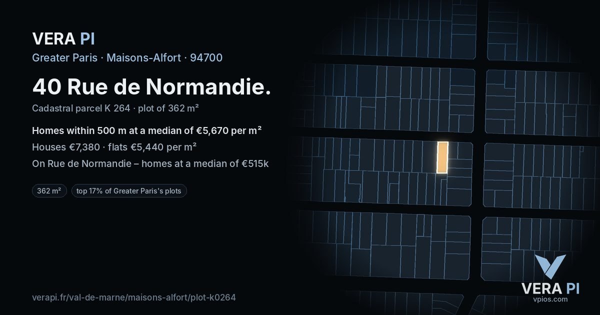 40 Rue de Normandie, Maisons-Alfort at night – the plot lit, the parcels around coloured by the prices near them