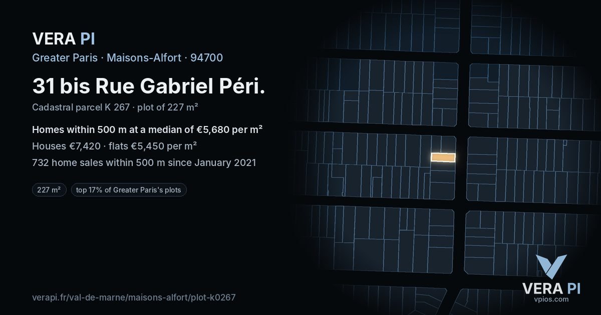 31 bis Rue Gabriel Péri, Maisons-Alfort at night – the plot lit, the parcels around coloured by the prices near them