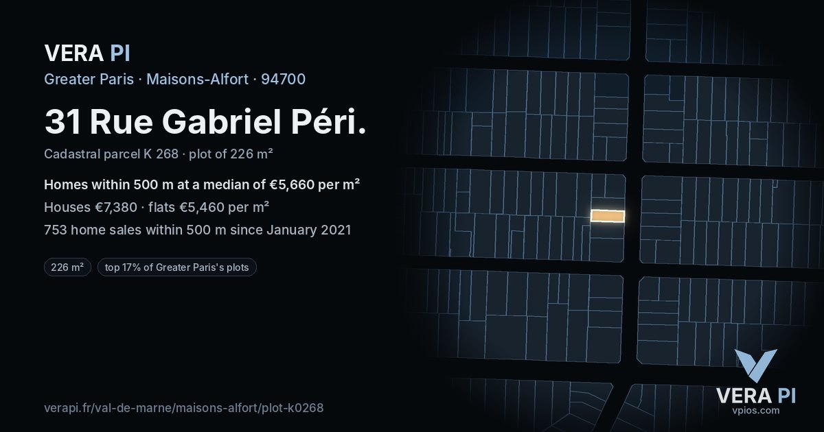 31 Rue Gabriel Péri, Maisons-Alfort at night – the plot lit, the parcels around coloured by the prices near them