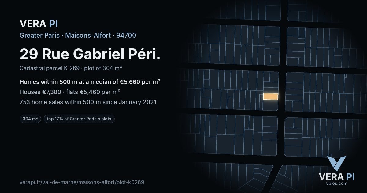 29 Rue Gabriel Péri, Maisons-Alfort at night – the plot lit, the parcels around coloured by the prices near them