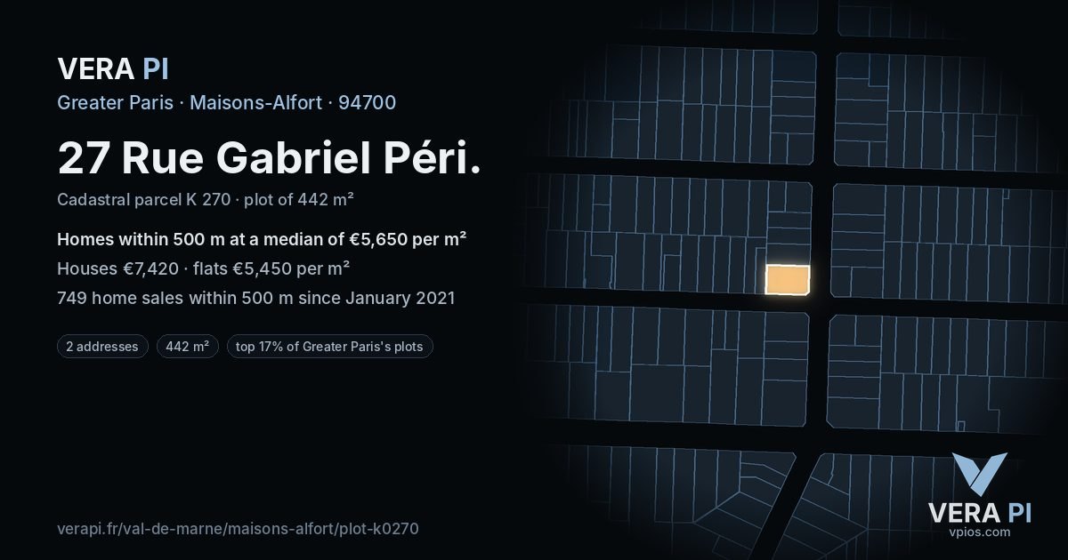 27 Rue Gabriel Péri, Maisons-Alfort at night – the plot lit, the parcels around coloured by the prices near them