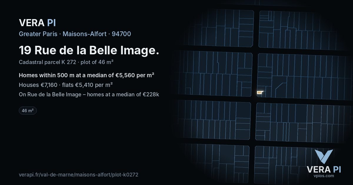 19 Rue de la Belle Image, Maisons-Alfort at night – the plot lit, the parcels around coloured by the prices near them
