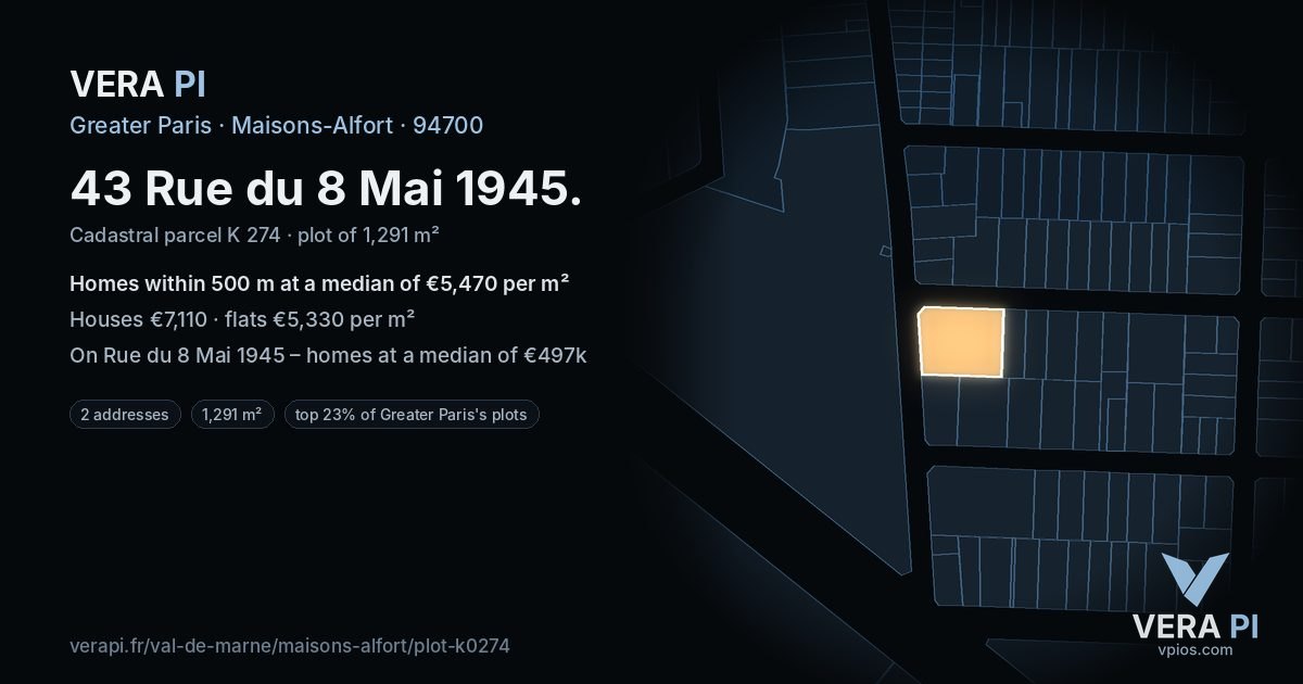 43 Rue du 8 Mai 1945, Maisons-Alfort at night – the plot lit, the parcels around coloured by the prices near them