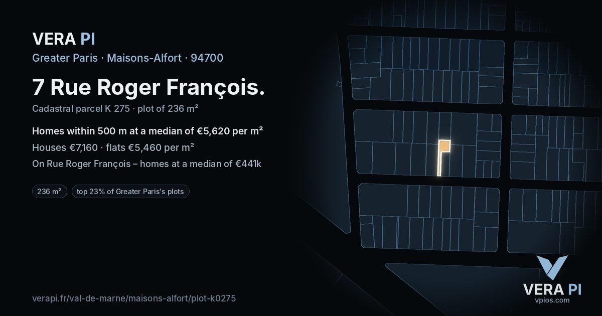 7 Rue Roger François, Maisons-Alfort at night – the plot lit, the parcels around coloured by the prices near them